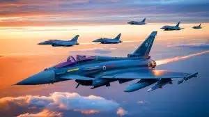 Illustration de la modernisation technologique du Eurofighter Typhoon avec intégration de l'intelligence artificielle et de nouvelles capacités de défense.