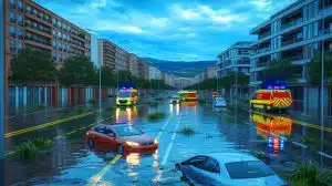 Illustration de l'impact des inondations en Espagne liées au changement climatique et à l'urbanisation.