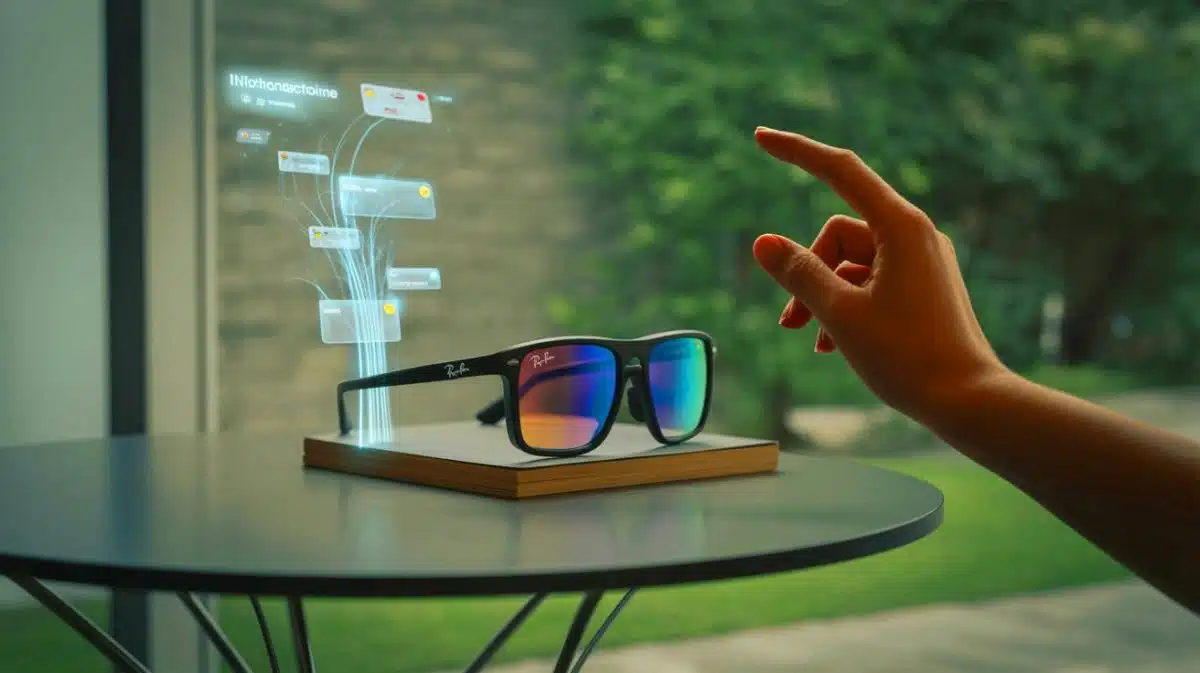 Illustration de lunettes intelligentes Meta Ray-Ban Display avec écran intégré et bracelet Neural Band.