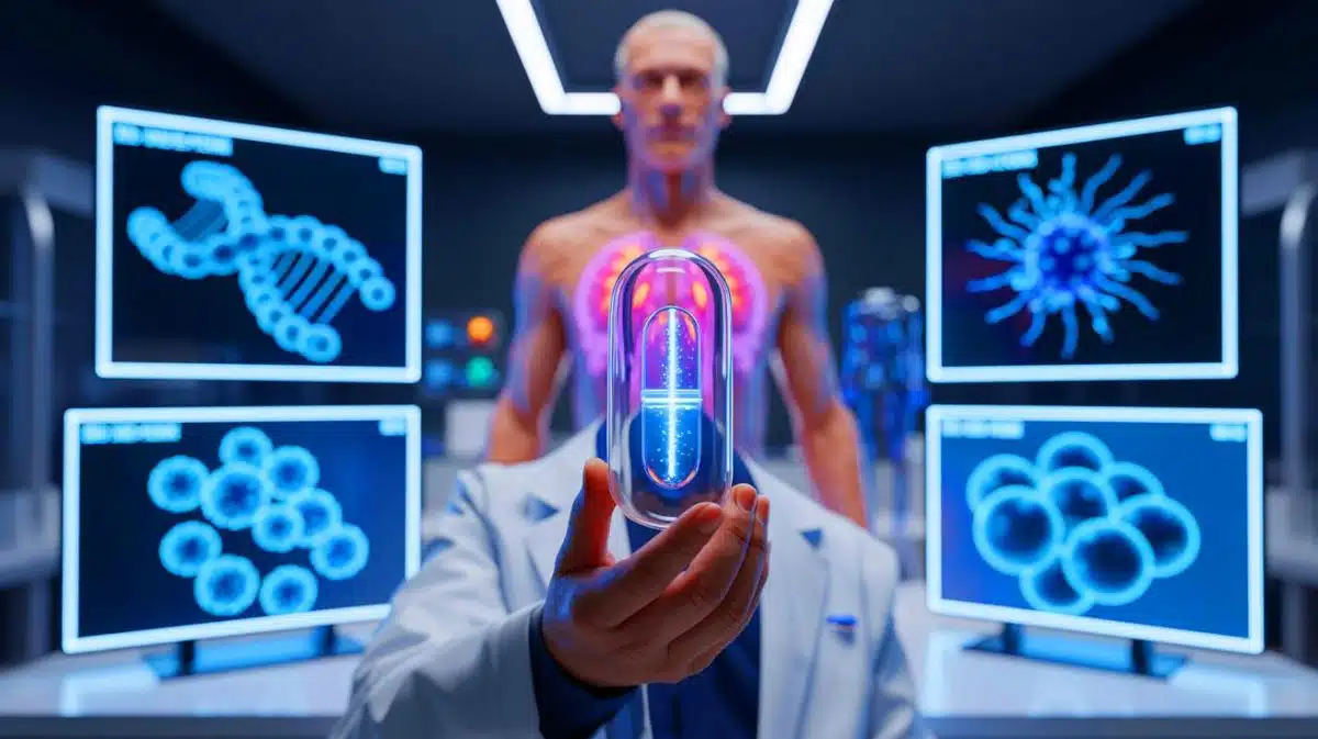 Illustration de la quête scientifique et technologique pour atteindre l'immortalité.