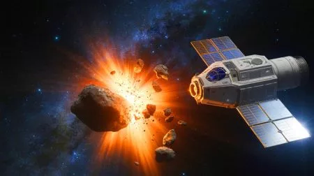 Illustration de l'impact d'un vaisseau spatial sur un astéroïde pour tester la déviation de sa trajectoire.