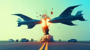 Illustration de la collision de deux voitures volantes lors d'une répétition en Chine.
