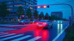 Illustration de l'EVOLIGHT, feu tricolore intelligent encourageant le respect des limitations de vitesse.