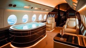 Illustration de l'avion Global 8000 de Bombardier en vol, symbolisant la nouvelle ère de l'aviation civile rapide et luxueuse.