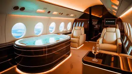 Illustration de l'avion Global 8000 de Bombardier en vol, symbolisant la nouvelle ère de l'aviation civile rapide et luxueuse.