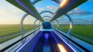 Illustration de la capsule Hyperloop de Hardt atteignant un record de vitesse de 85 km/h lors d'un test aux Pays-Bas.