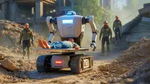 Illustration de l'assistance d'un robot semi-autonome aux opérations de secours sur terrain difficile.
