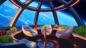 Illustration de la capsule spatiale Neptune offrant une vue panoramique de la Terre depuis la stratosphère.
