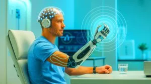 Illustration de l'interface cerveau-ordinateur non invasive utilisant l'intelligence artificielle pour aider les personnes handicapées.