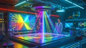 « Comment la lumière peut générer des images par IA » : une innovation réduit drastiquement la consommation des centres de données Illustration de la technologie innovante utilisant la lumière pour générer des images par intelligence artificielle.