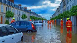 Illustration de l'impact des inondations liées au changement climatique et des solutions de prévention en France.