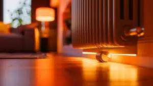 Illustration de l'amplificateur de radiateur SpeedComfort installé sous un radiateur pour optimiser la diffusion de la chaleur.