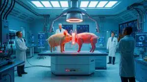 Illustration de la xénotransplantation d'un poumon de porc chez un patient humain.