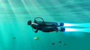 Illustration de l'innovation du jet pack Shark de Kikfin inspiré des requins pour la plongée sous-marine.