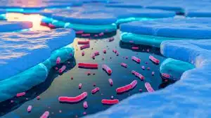 Illustration de microbes préhistoriques se réveillant sous la glace en Arctique.