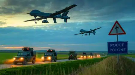 Illustration de l'incursion de drones russes dans l'espace aérien polonais et des défis pour l'OTAN.
