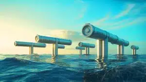 Illustration de la centrale Kinowave exploitant la puissance des vagues pour produire de l'électricité propre.