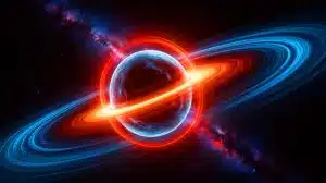 Illustration de la fusion de deux trous noirs et des ondes gravitationnelles associées.
