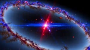 Illustration de galaxies courbant le tissu de l'espace-temps dans un univers en expansion.