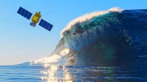 Illustration de la vague record mesurée par le satellite SWOT dans l'océan.