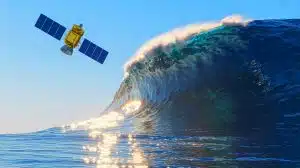 Illustration de la vague record mesurée par le satellite SWOT dans l'océan.