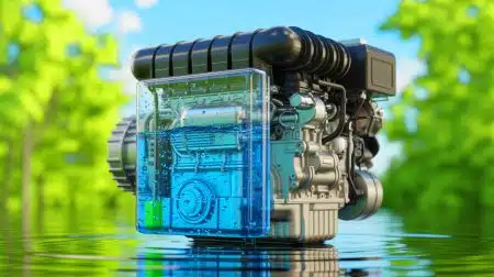 Illustration de l'innovation technologique réduisant les émissions polluantes des moteurs diesel grâce à l'ajout d'eau.