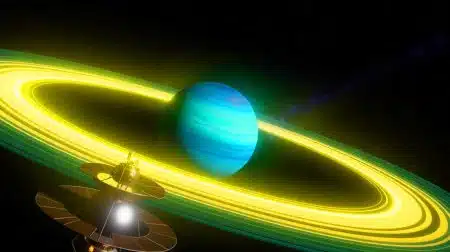 Illustration de la détection des radiations extrêmes autour d'Uranus par la sonde Voyager 2.
