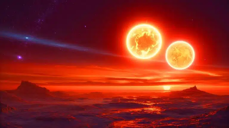 Illustration de l'exoplanète HD 143811 AB b orbitant autour de ses étoiles jumelles.